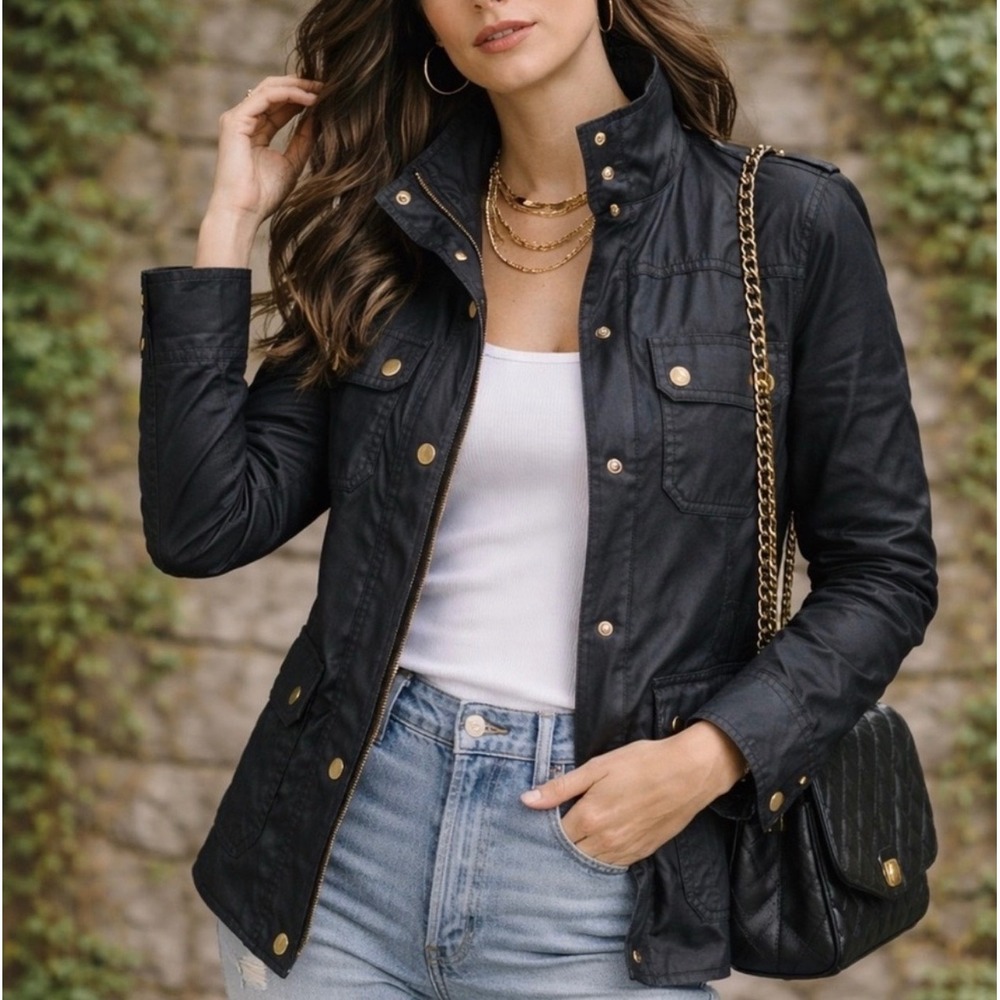 J.CREW Boyfriend Blk Waxed Cotton Field Utility Jacket Sz S Gold Snaps Academia